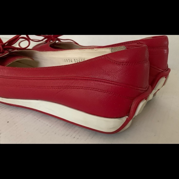 Red real leather comfortable no-slip walking shoes white cap toe cute tie bow 40 - Picture 4 of 10